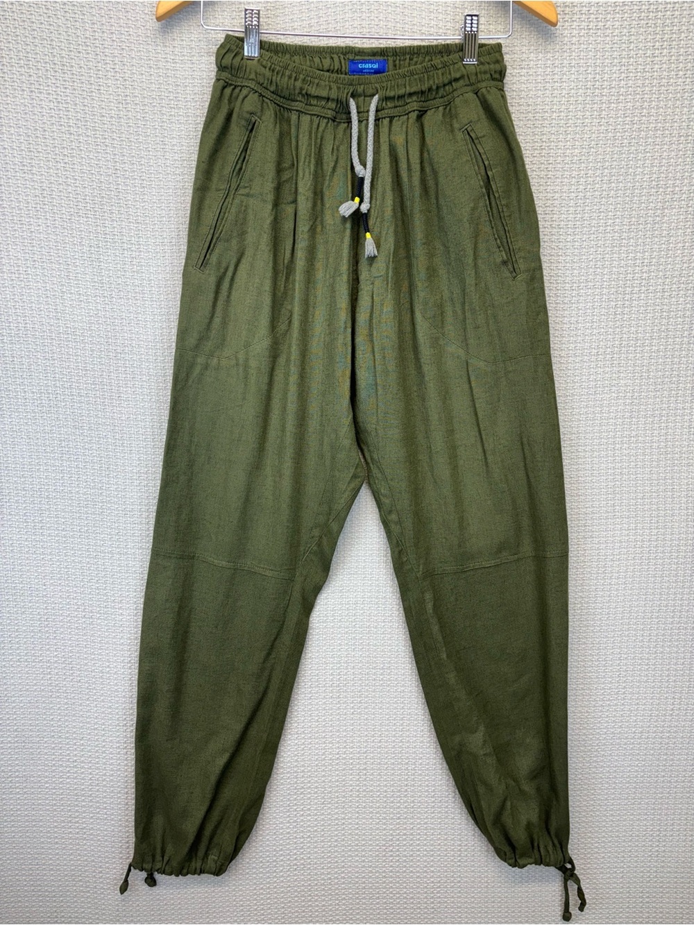 Crasqi Men’s Sardinia Olive Green Linen Pants Sz Med- Designer Resort Tie Waist
